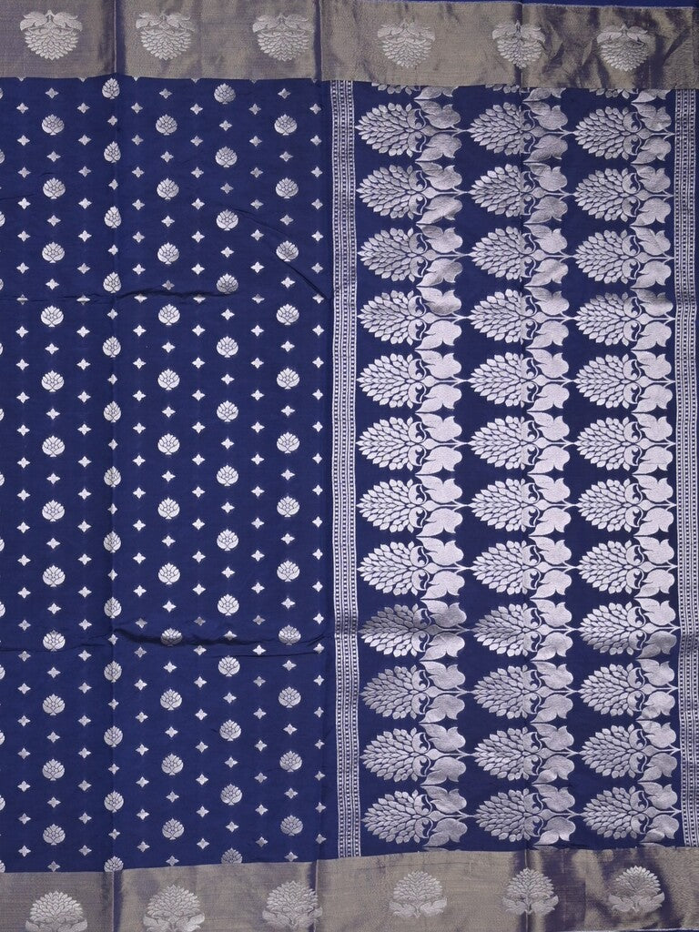 Chanderi kora fancy saree navy blue color allover zari motifs & zari border with rich pallu and plain blouse