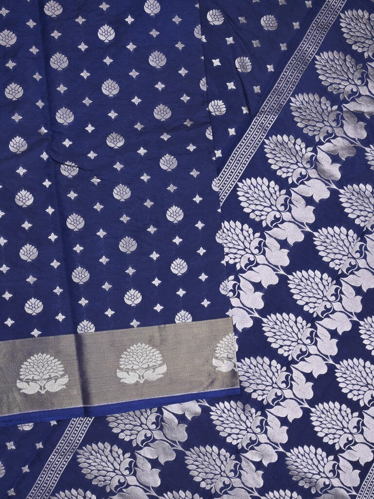 Chanderi kora fancy saree navy blue color allover zari motifs & zari border with rich pallu and plain blouse