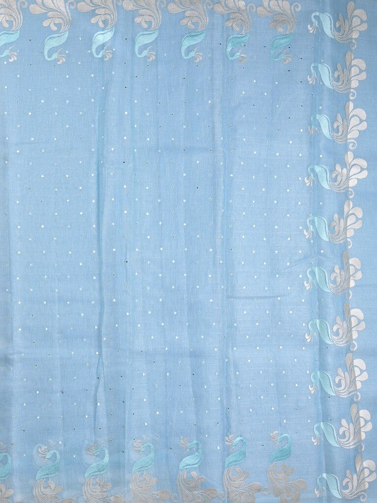 Chanderi jute fancy saree sky blue color allover mirror work & weaving border with running pallu and attached self blouse