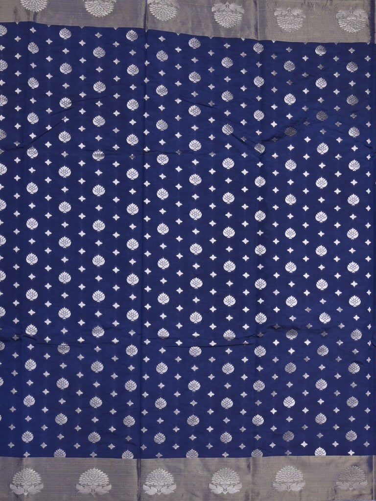 Chanderi kora fancy saree navy blue color allover zari motifs & zari border with rich pallu and plain blouse