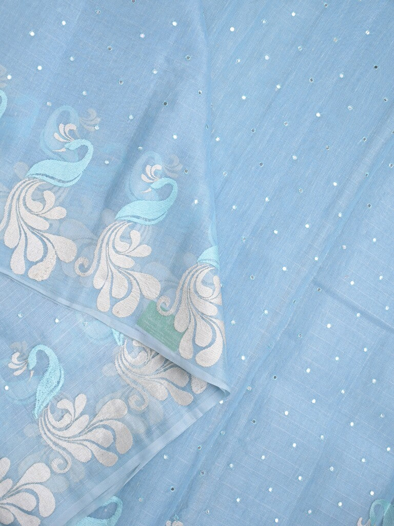 Chanderi jute fancy saree sky blue color allover mirror work & weaving border with running pallu and attached self blouse