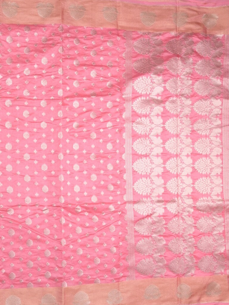 Chanderi kora fancy saree light pink color allover zari motifs & zari border with rich pallu and plain blouse