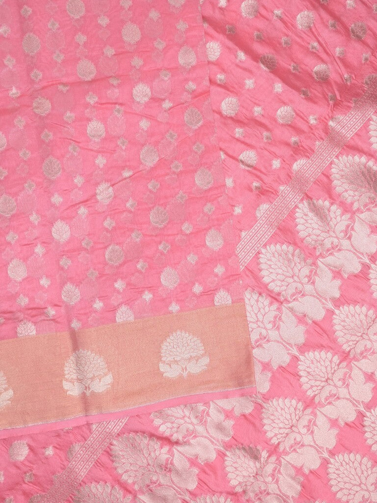Chanderi kora fancy saree light pink color allover zari motifs & zari border with rich pallu and plain blouse