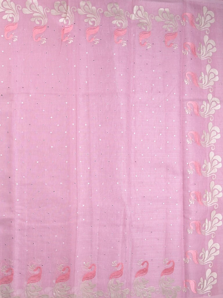 Chanderi jute fancy saree onion pink color allover mirror work & weaving border with running pallu and attached self blouse