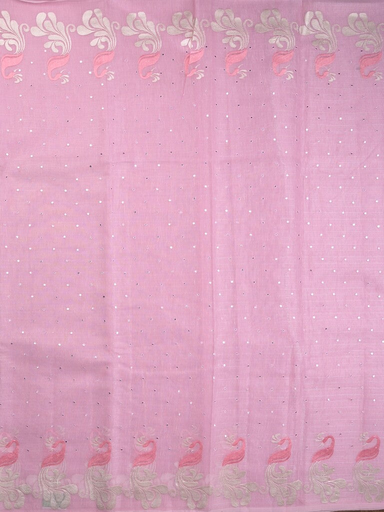 Chanderi jute fancy saree onion pink color allover mirror work & weaving border with running pallu and attached self blouse