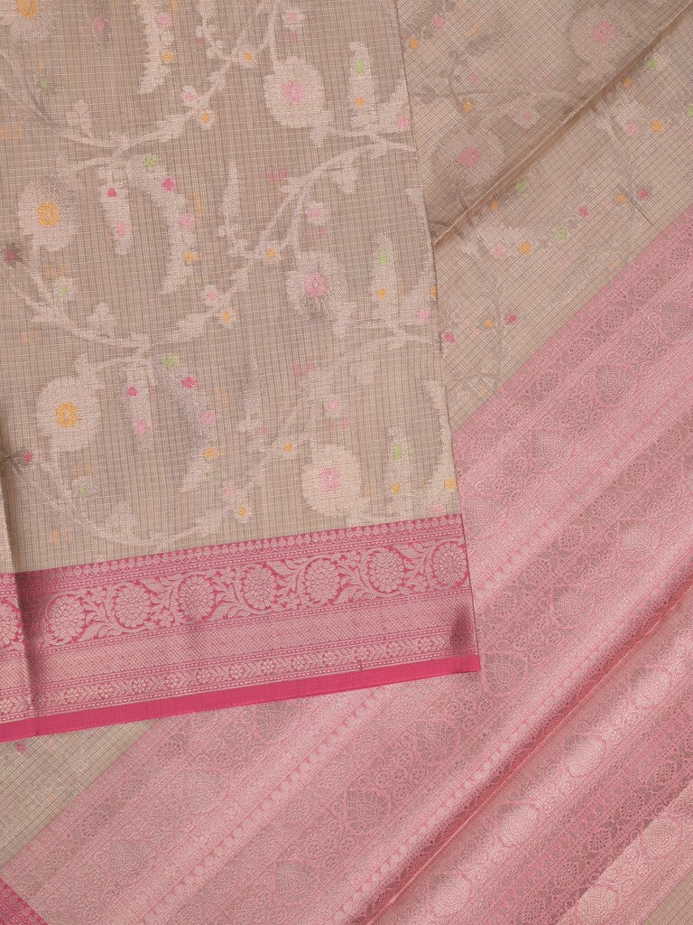 Kota tissue fancy saree light beige color allover zari weaves & zari border with rich pallu and contrast tissue blouse