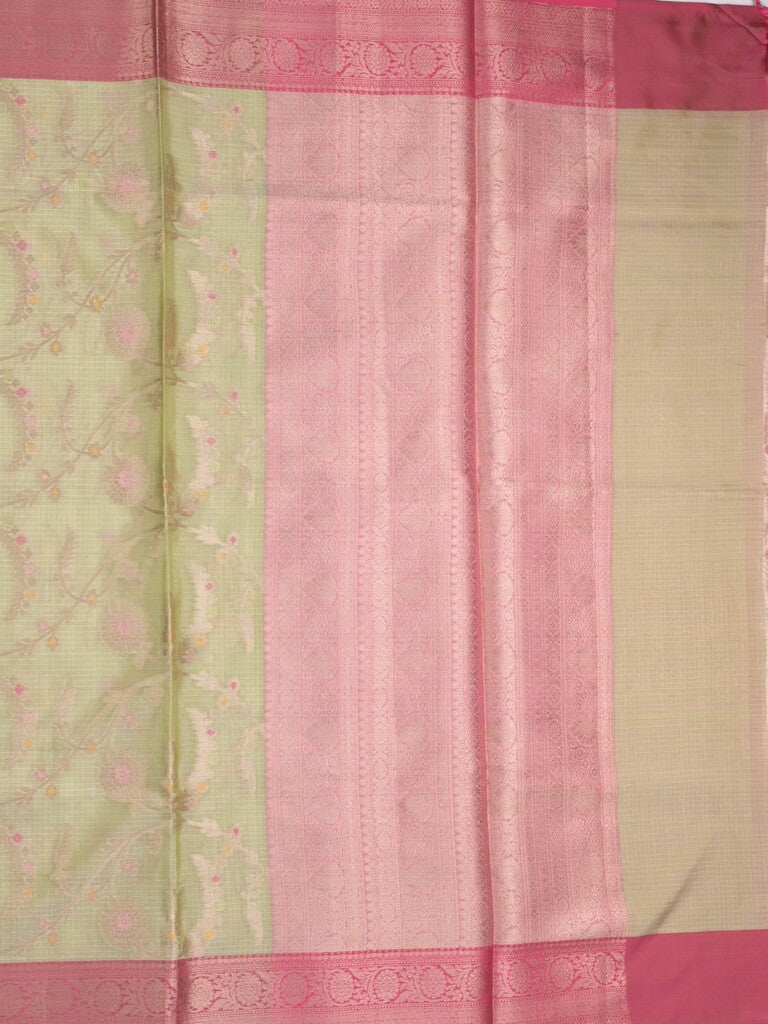 Kota tissue fancy saree light pista green color allover zari weaves & zari border with rich pallu and contrast tissue blouse