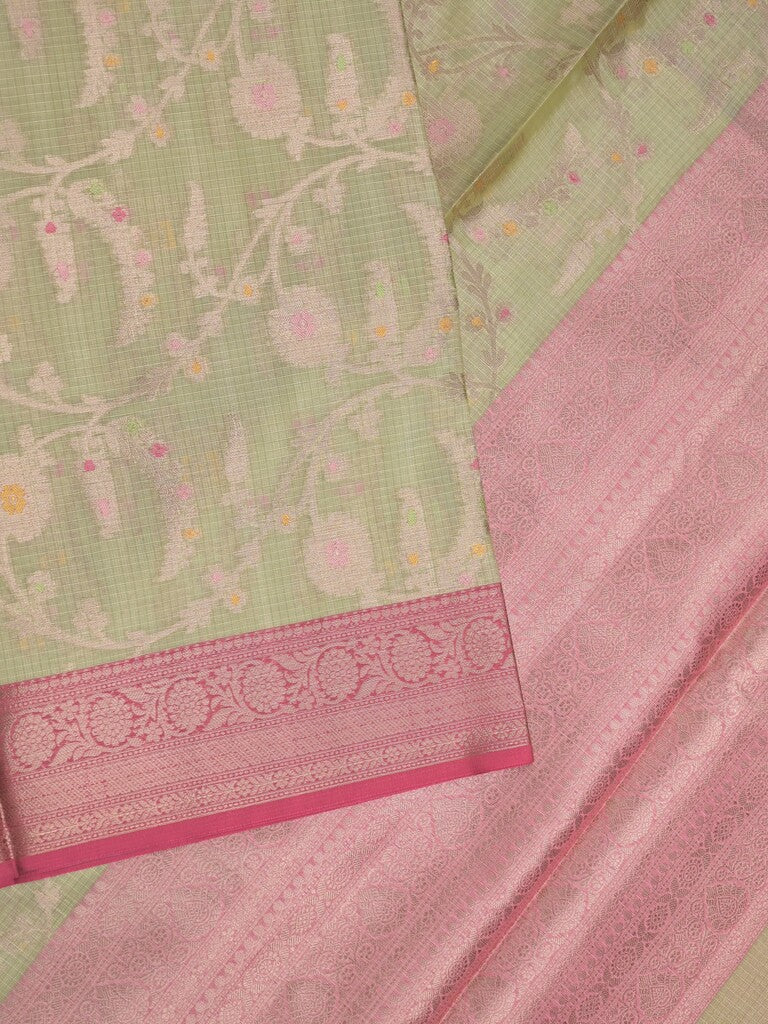 Kota tissue fancy saree light pista green color allover zari weaves & zari border with rich pallu and contrast tissue blouse