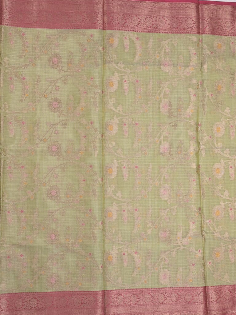 Kota tissue fancy saree light pista green color allover zari weaves & zari border with rich pallu and contrast tissue blouse