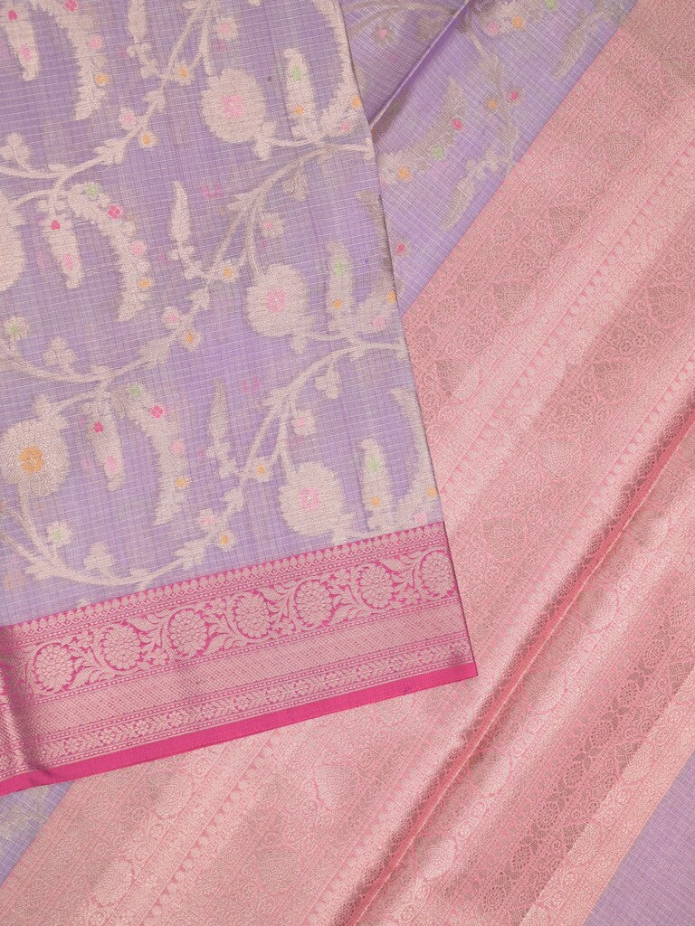 Kota tissue fancy saree lavender color allover zari weaves & zari border with rich pallu and contrast tissue blouse