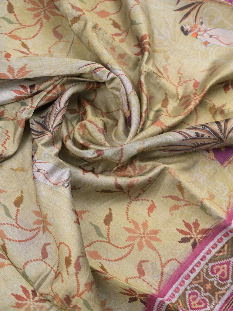 Tussar fancy saree cream color allover prints & printed border with contrast pallu and attached printed blouse