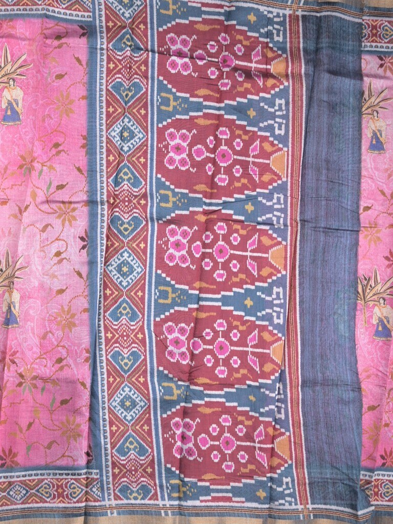 Tussar fancy saree baby pink color allover prints & printed border with contrast pallu and attached printed blouse