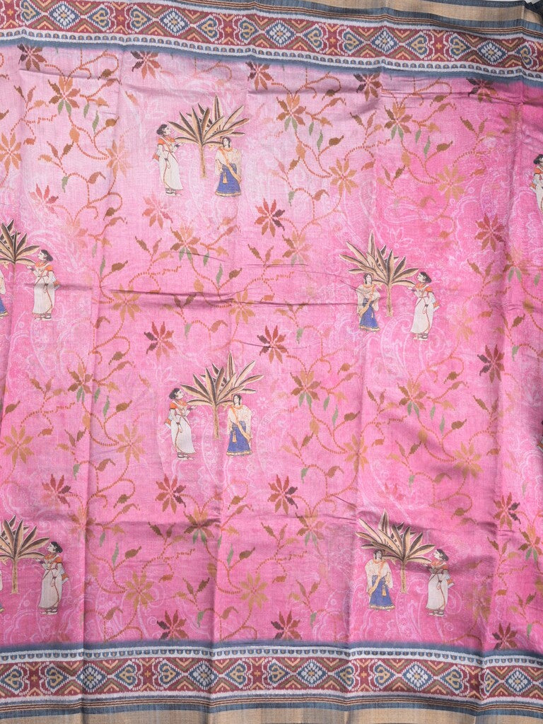 Tussar fancy saree baby pink color allover prints & printed border with contrast pallu and attached printed blouse