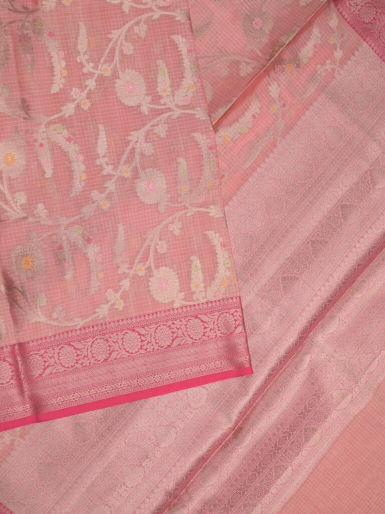 Kota tissue fancy saree baby pink color allover zari weaves & zari border with rich pallu and contrast tissue blouse