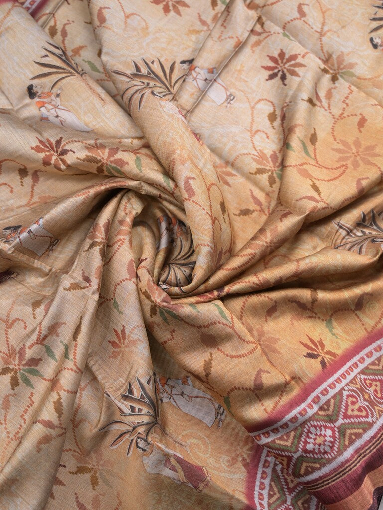 Tussar fancy saree cream color allover prints & printed border with contrast pallu and attached printed blouse