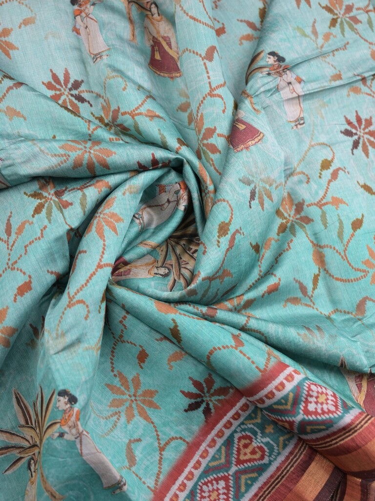 Tussar fancy saree lux green color allover prints & printed border with contrast pallu and attached printed blouse