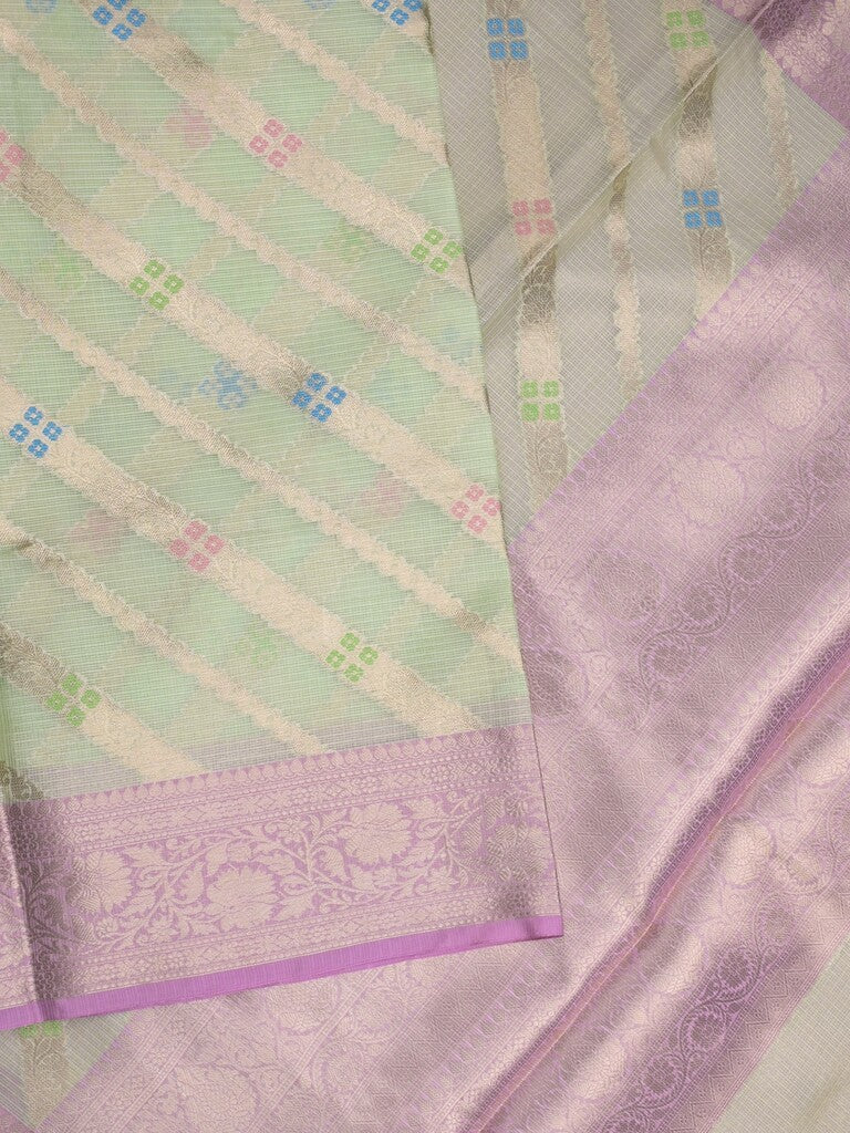 Kota tissue fancy saree light pista green color allover zari weaves & zari border with rich pallu and contrast tissue blouse
