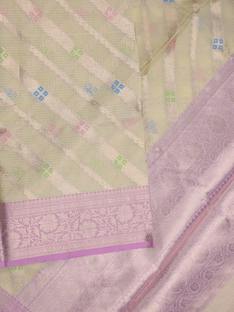 Kota tissue fancy saree pastel yellow color allover zari weaves & zari border with rich pallu and contrast tissue blouse