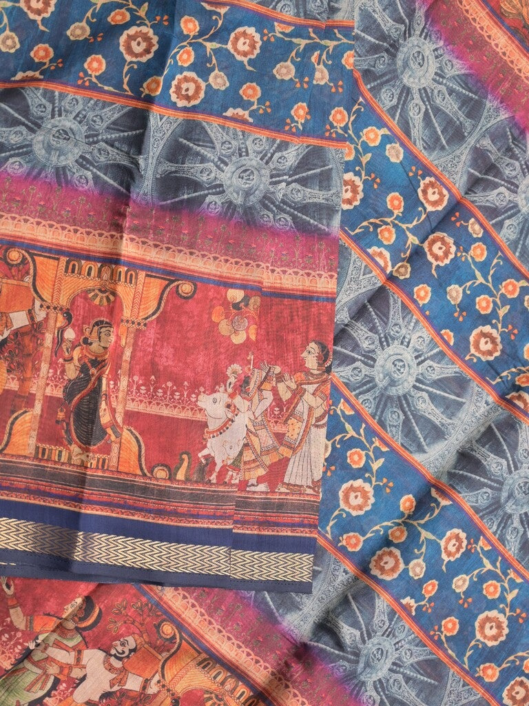 Tussar fancy saree navy blue color allover prints & zari, printed border with contrast pallu and attached printed blouse