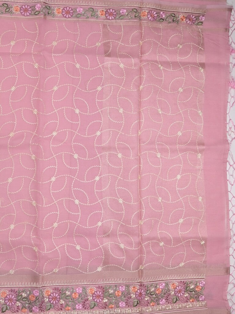 Organza fancy saree light pink color allover embroidery & embroidery border with short zari pallu and plain self blouse