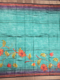 Tussar fancy saree lux green color allover prints & zari, printed border with contrast pallu and attached printed blouse