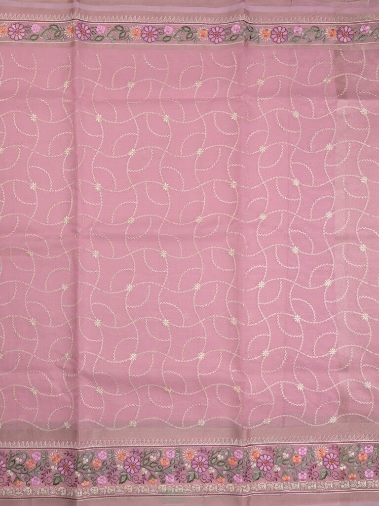 Organza fancy saree light pink color allover embroidery & embroidery border with short zari pallu and plain self blouse