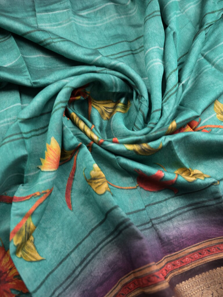 Tussar fancy saree lux green color allover prints & zari, printed border with contrast pallu and attached printed blouse