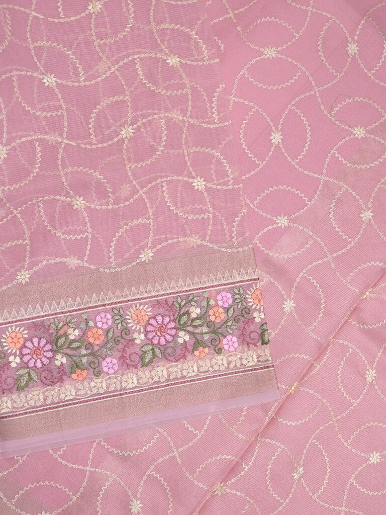 Organza fancy saree light pink color allover embroidery & embroidery border with short zari pallu and plain self blouse