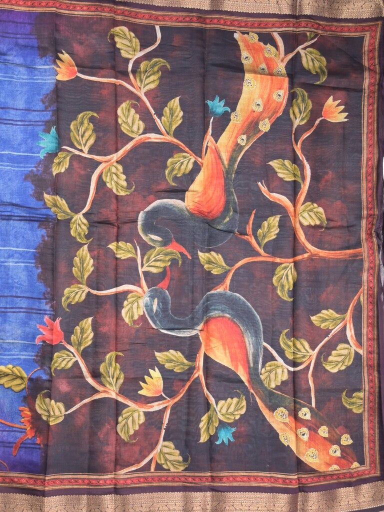 Tussar fancy saree navy blue color allover prints & zari, printed border with contrast pallu and attached printed blouse