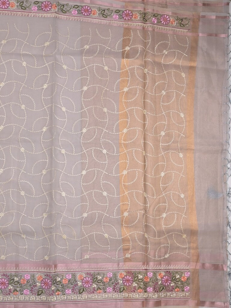 Organza fancy saree light grey color allover embroidery & embroidery border with short zari pallu and plain self blouse