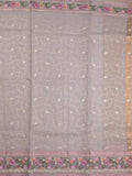 Organza fancy saree light grey color allover embroidery & embroidery border with short zari pallu and plain self blouse
