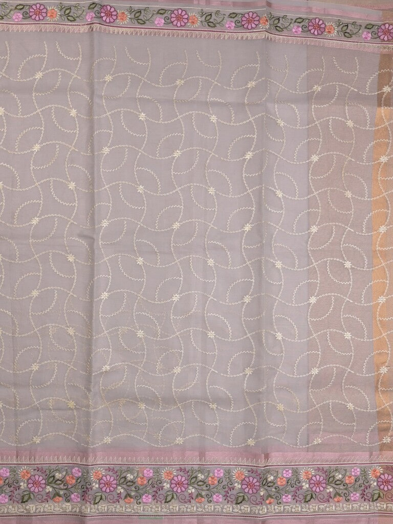 Organza fancy saree light grey color allover embroidery & embroidery border with short zari pallu and plain self blouse