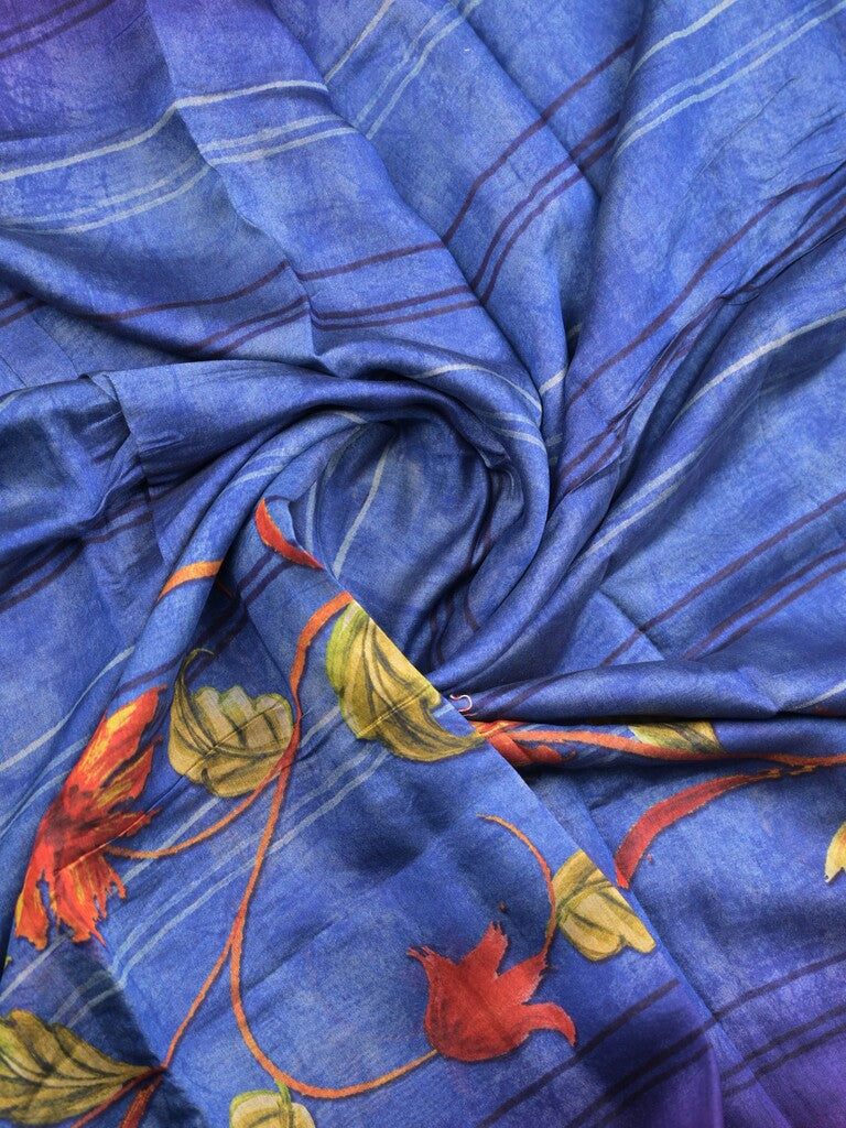 Tussar fancy saree navy blue color allover prints & zari, printed border with contrast pallu and attached printed blouse