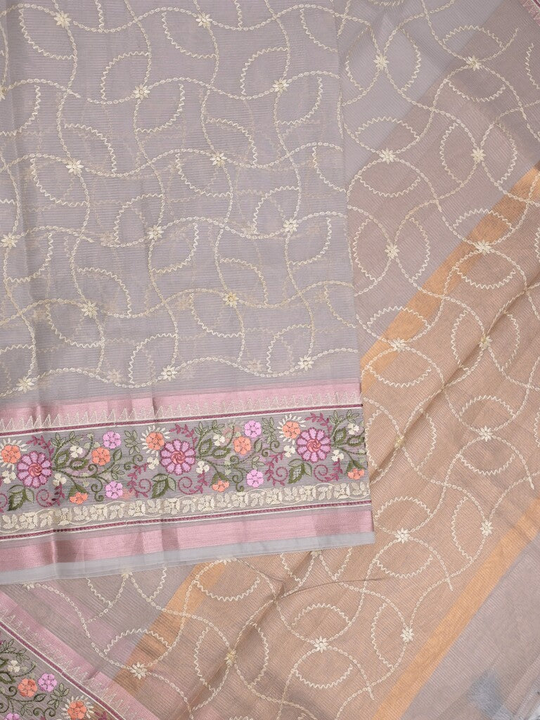 Organza fancy saree light grey color allover embroidery & embroidery border with short zari pallu and plain self blouse