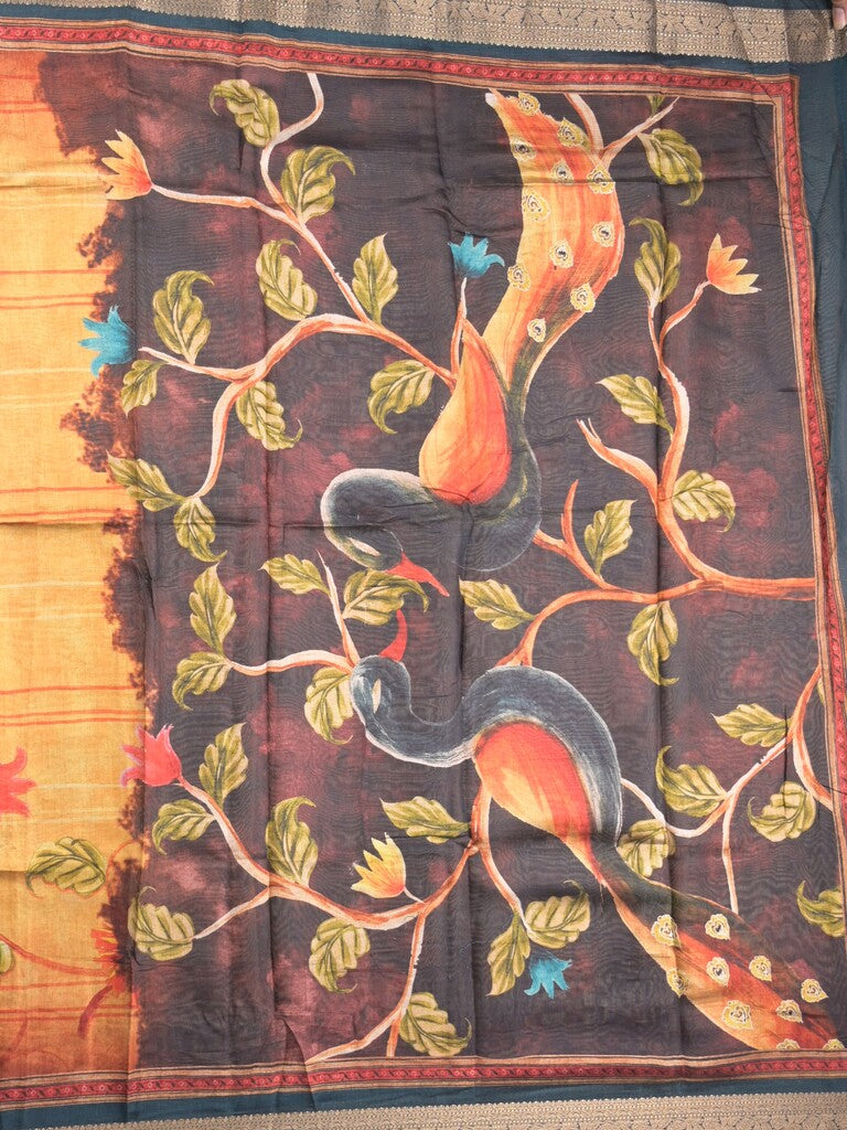 Tussar fancy saree beige color allover prints & zari, printed border with contrast pallu and attached printed blouse