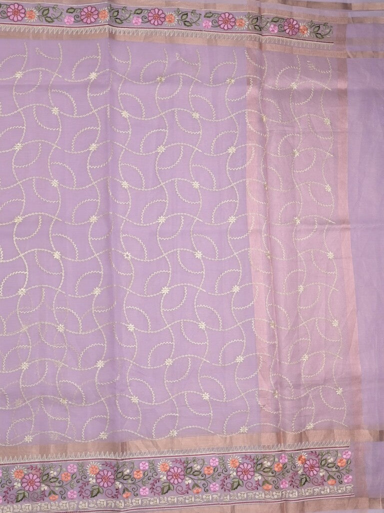 Organza fancy saree lavender color allover embroidery & embroidery border with short zari pallu and plain self blouse