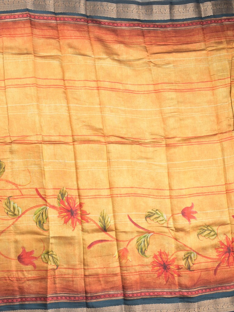 Tussar fancy saree beige color allover prints & zari, printed border with contrast pallu and attached printed blouse