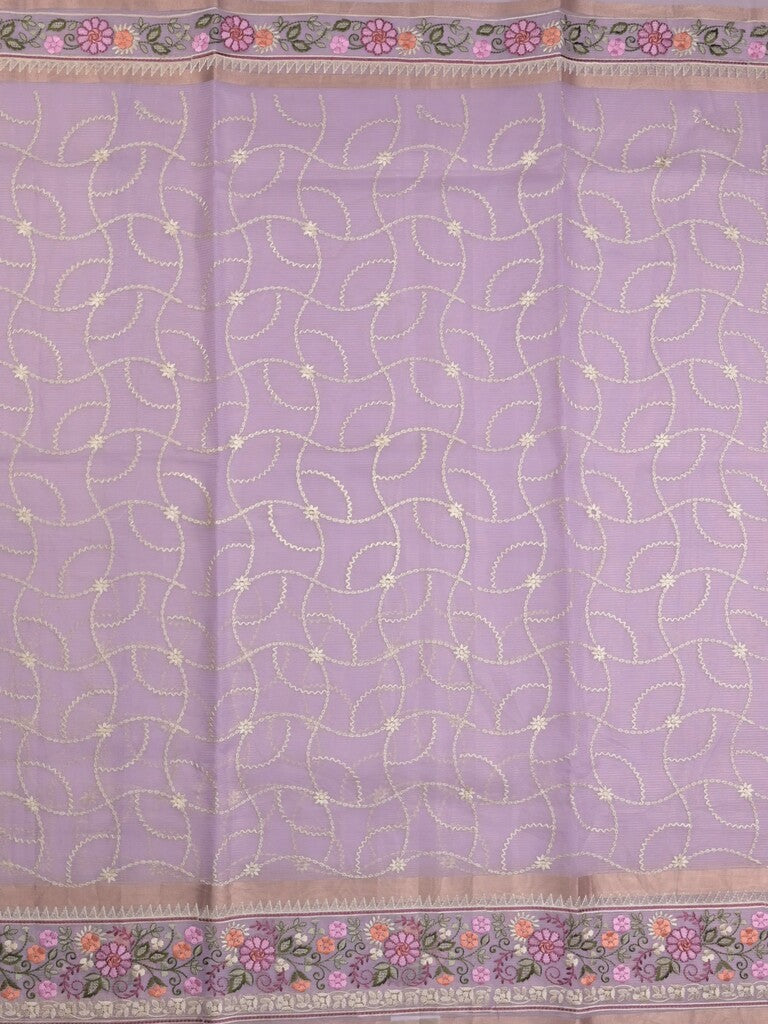 Organza fancy saree lavender color allover embroidery & embroidery border with short zari pallu and plain self blouse