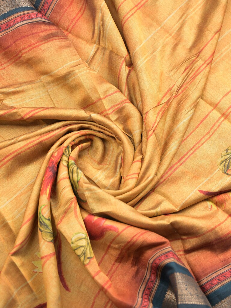 Tussar fancy saree beige color allover prints & zari, printed border with contrast pallu and attached printed blouse