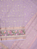 Organza fancy saree lavender color allover embroidery & embroidery border with short zari pallu and plain self blouse