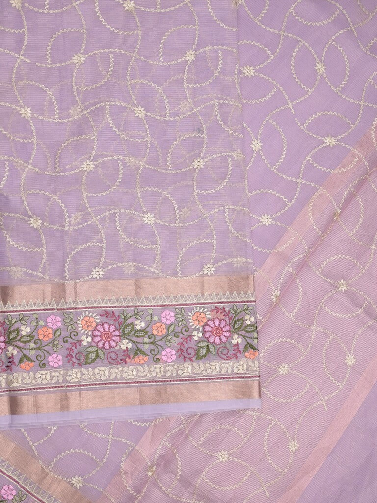 Organza fancy saree lavender color allover embroidery & embroidery border with short zari pallu and plain self blouse