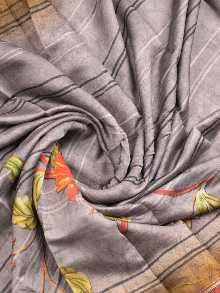 Tussar fancy saree grey color allover prints & zari, printed border with contrast pallu and attached printed blouse