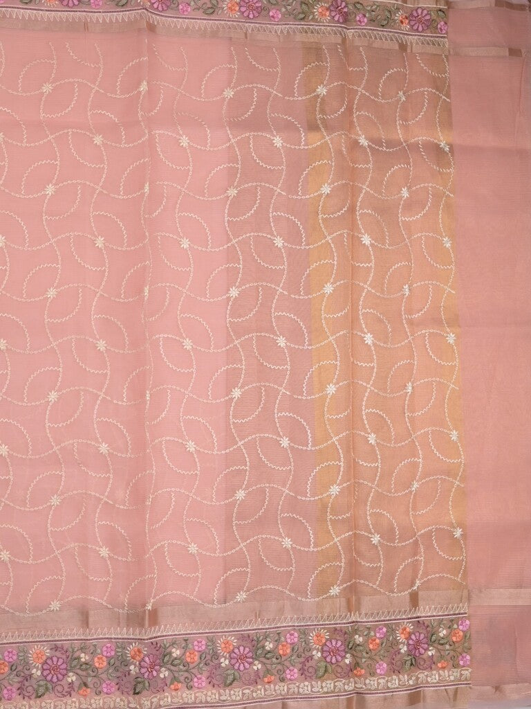 Organza fancy saree light peach color allover embroidery & embroidery border with short zari pallu and plain self blouse