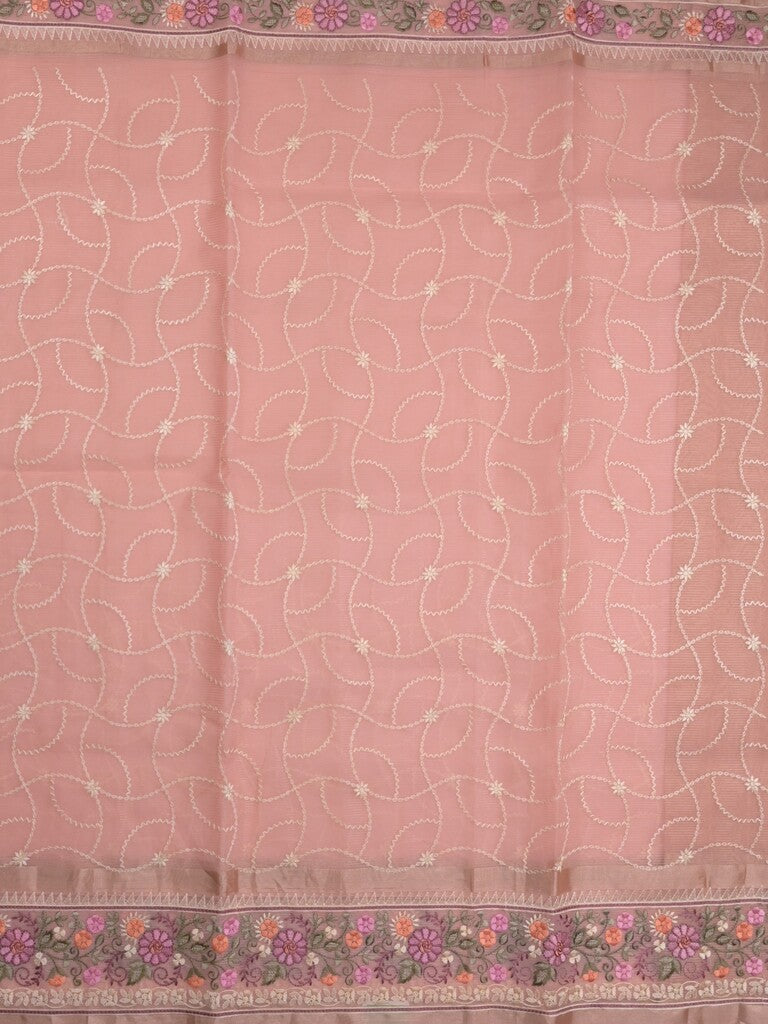 Organza fancy saree light peach color allover embroidery & embroidery border with short zari pallu and plain self blouse