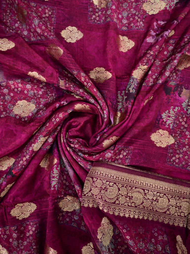 Modal silk saree magenta color allover prints & zari border with rich pallu and printed blouse