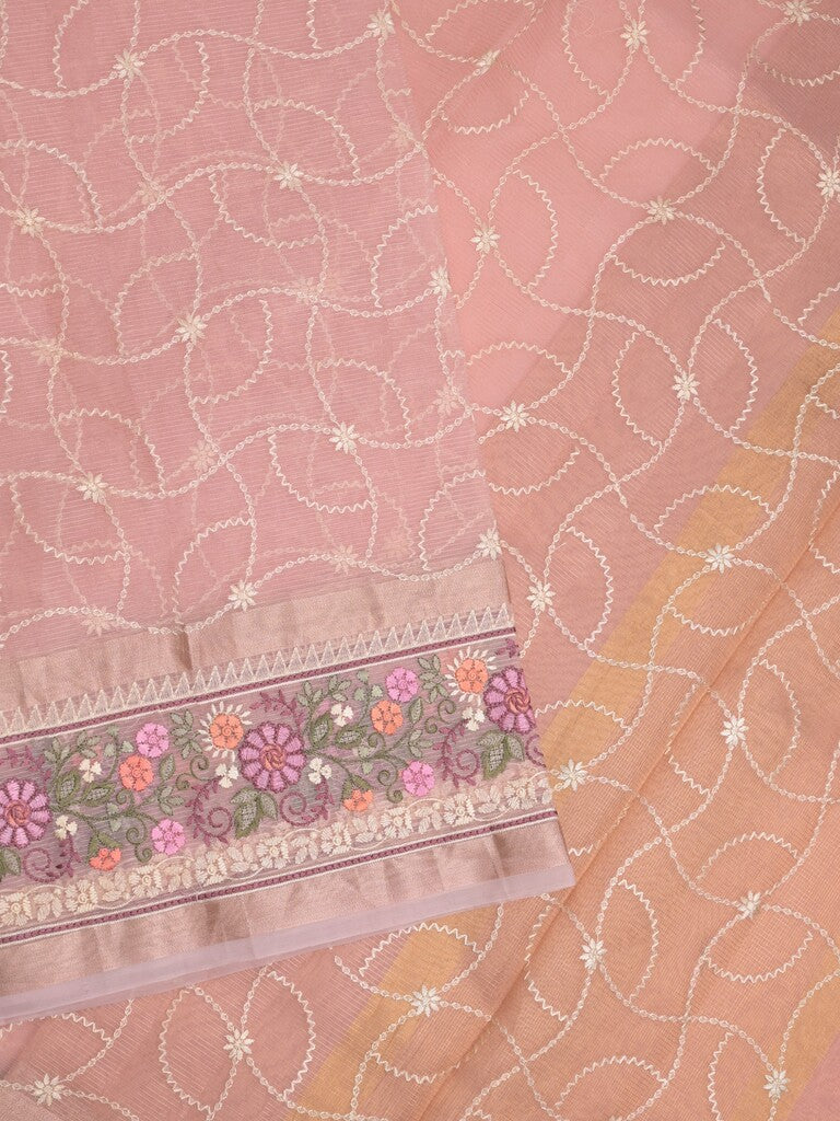 Organza fancy saree light peach color allover embroidery & embroidery border with short zari pallu and plain self blouse