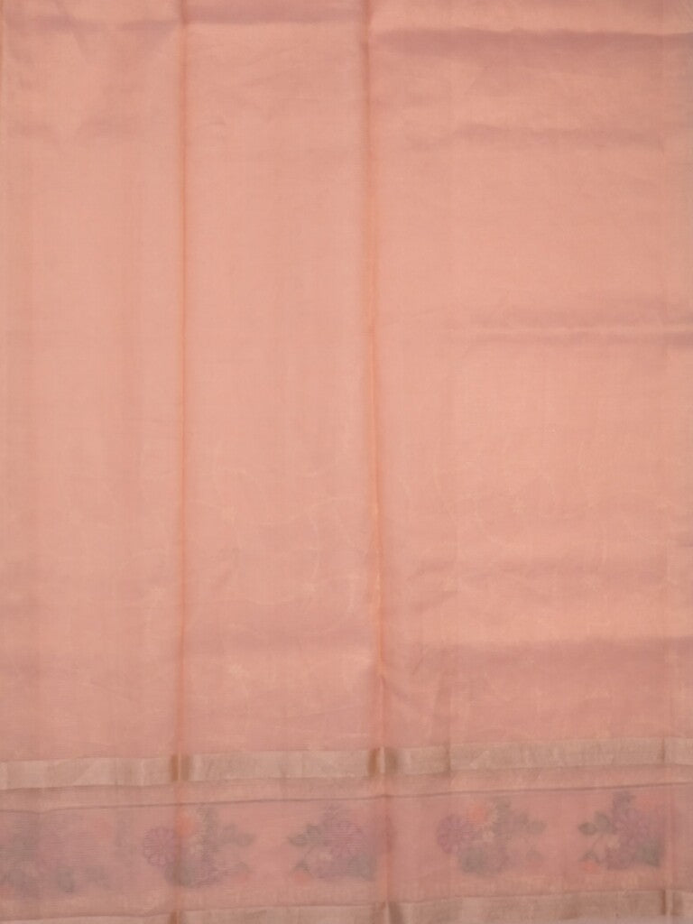 Organza fancy saree light peach color allover embroidery & embroidery border with short zari pallu and plain self blouse