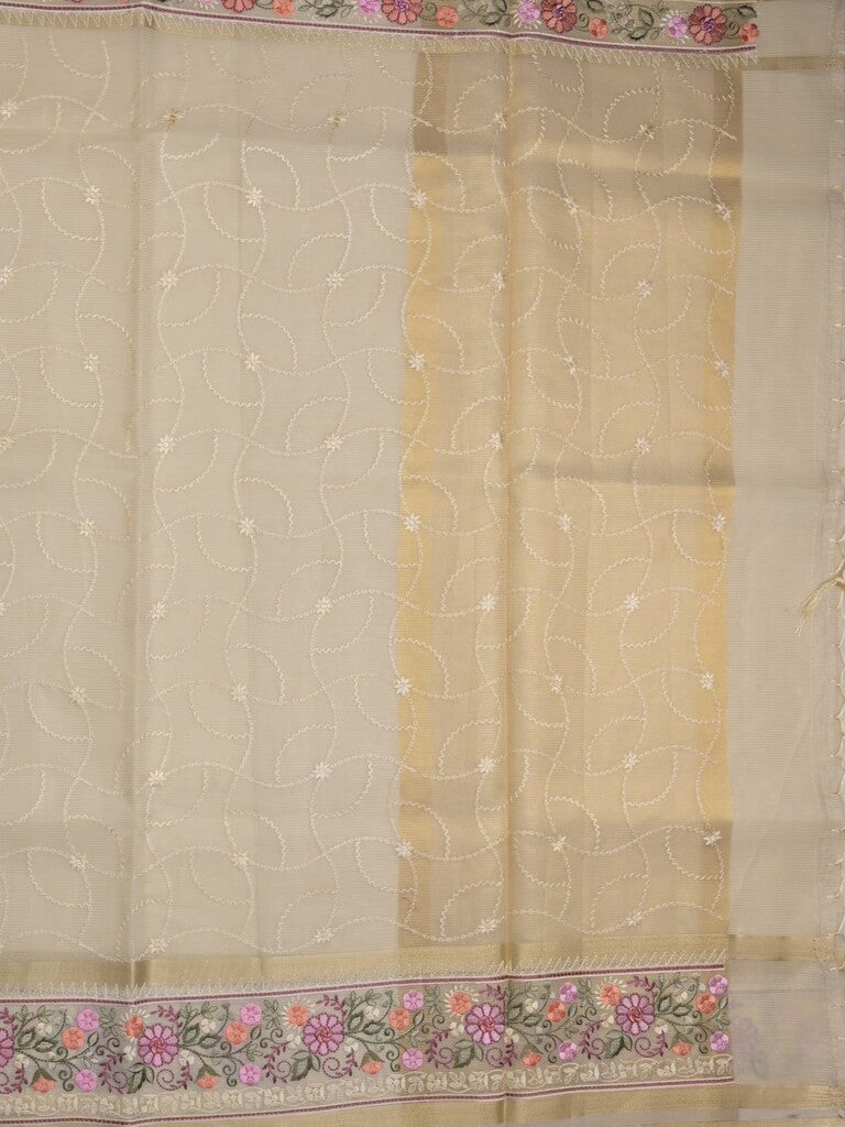 Organza fancy saree cream color allover embroidery & embroidery border with short zari pallu and plain self blouse