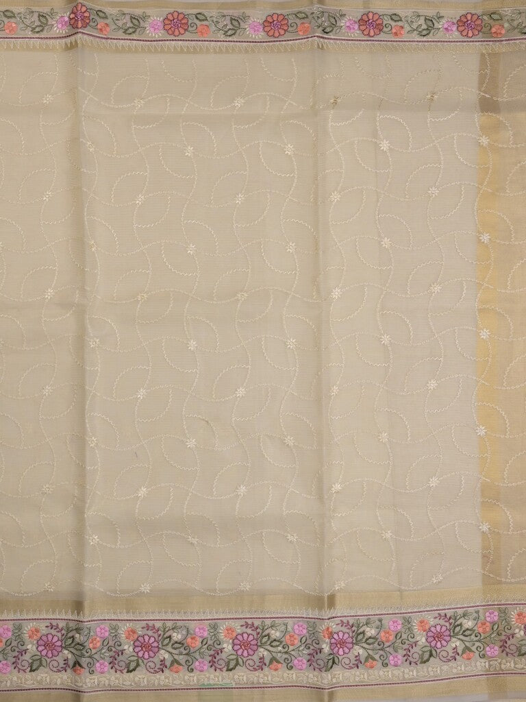 Organza fancy saree cream color allover embroidery & embroidery border with short zari pallu and plain self blouse