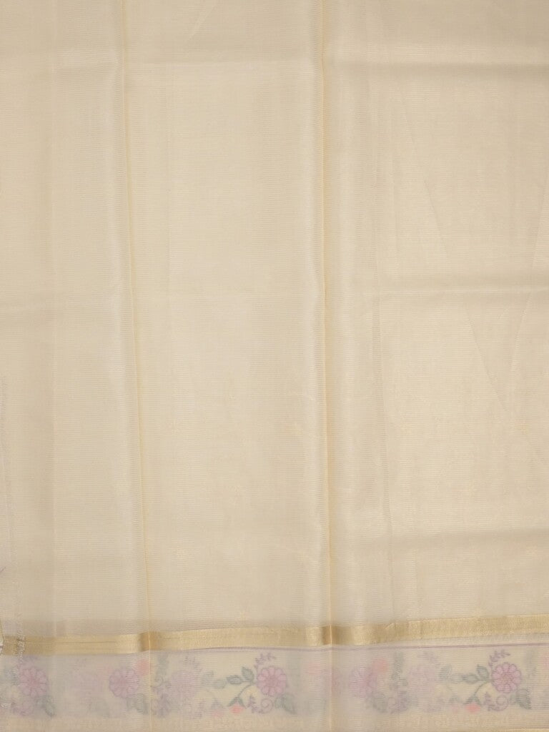 Organza fancy saree cream color allover embroidery & embroidery border with short zari pallu and plain self blouse